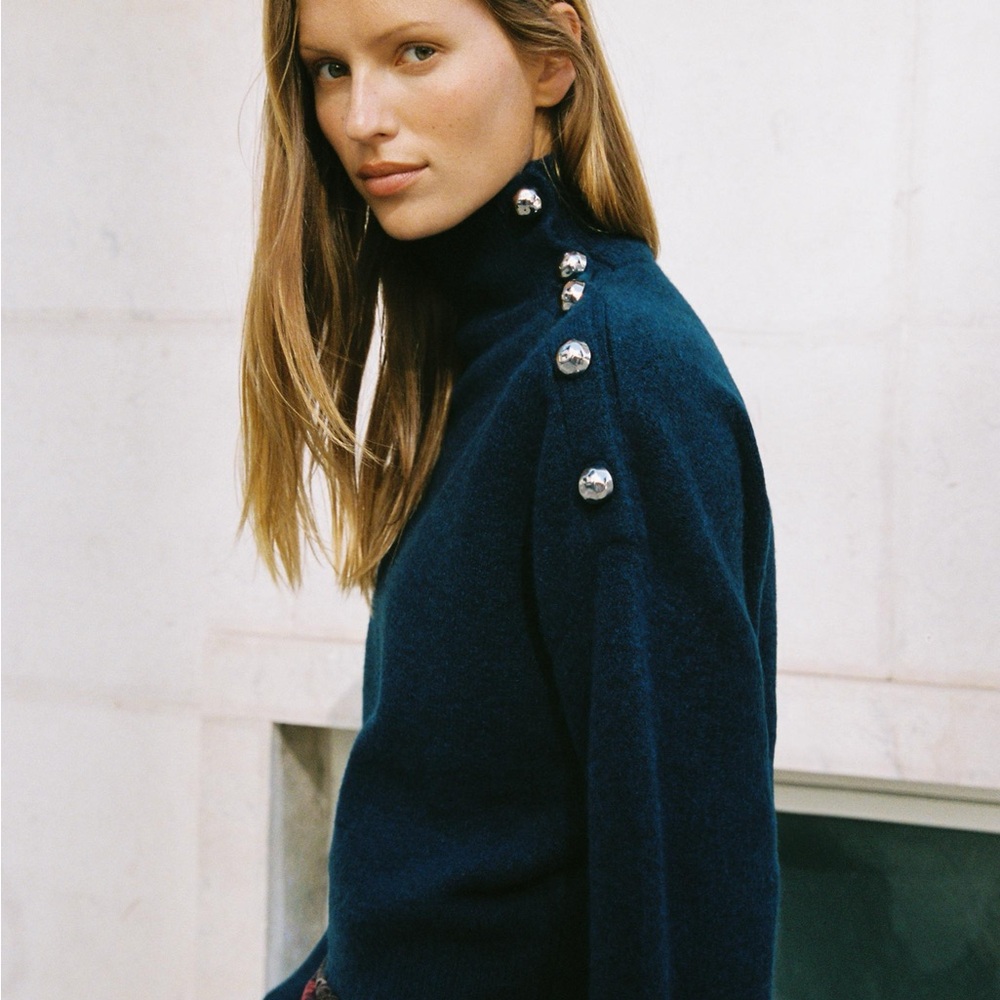 Zara navy blue Button-Trim Turtleneck Sweater